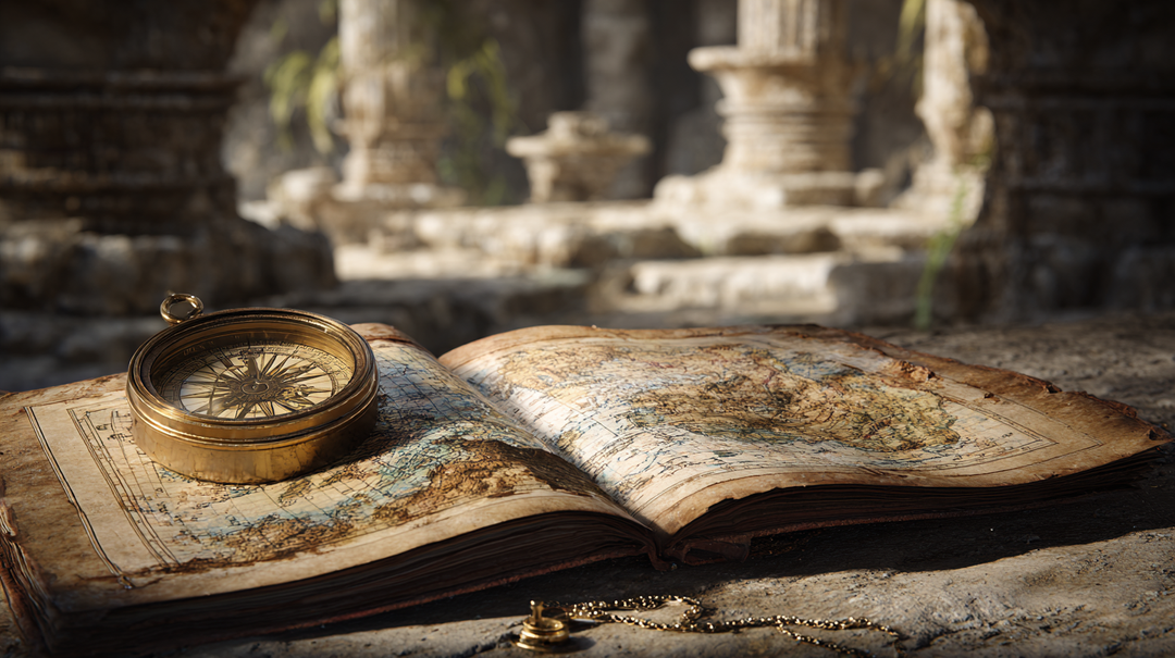 map, compass, ancient ruins, action adventure thriller vibe